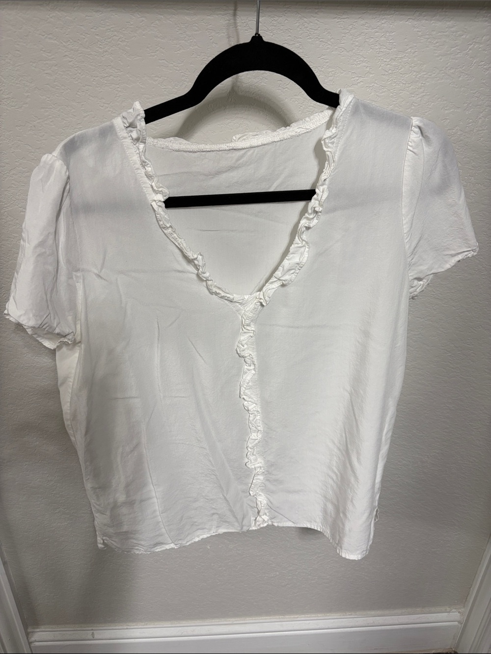 White Ruffle-Trim V-Neck Women's Top